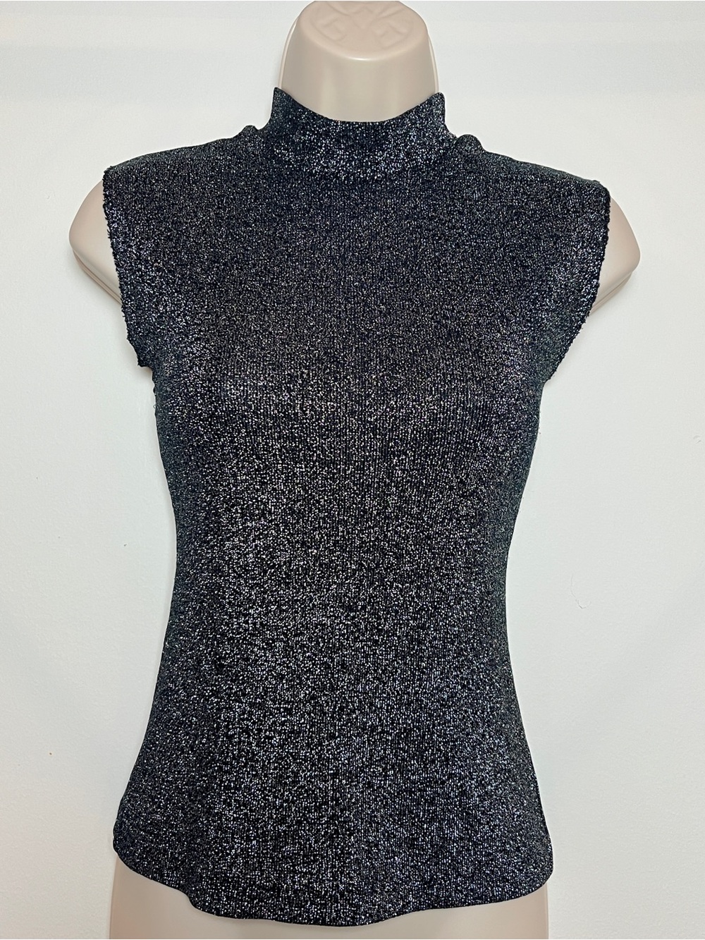 Metallic Top Sleeveless Mock Neck Shimmer Black Medium Rave Going Out Whimsigoth
